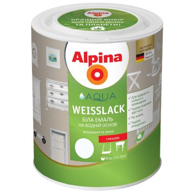 Емаль акрилова біла на основі чистого акрилату Alpina Aqua Weisslack/мат. 2,5л